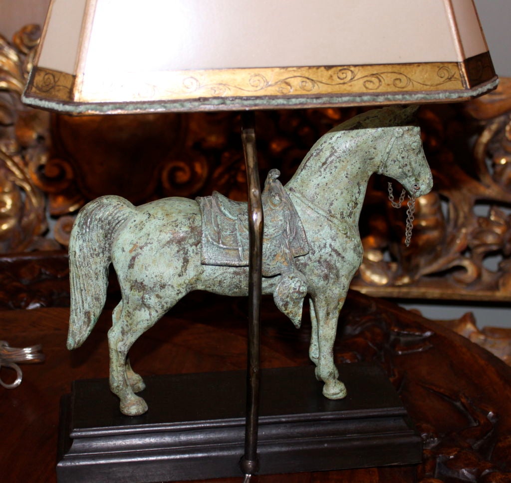 Pair of Bronze Horse Lamps with Custom Parchment Shades 3