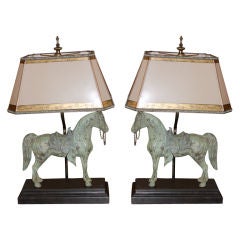 Pair of Bronze Horse Lamps with Custom Parchment Shades