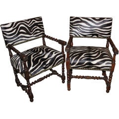 Pair of Zebra Upholstered Barley Twist Armchairs C. 1880