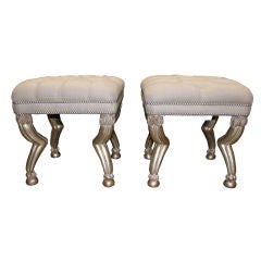 Pair of Carved Belgium Linen Benches with Nail Head Trim