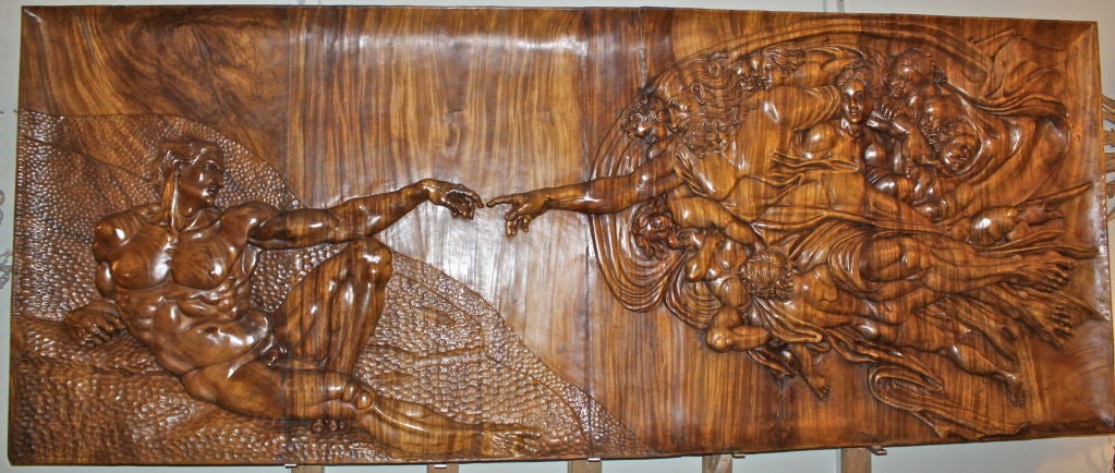 Hand Carved Mahogany Panel of Michaelangelo's "Creation of Adam"