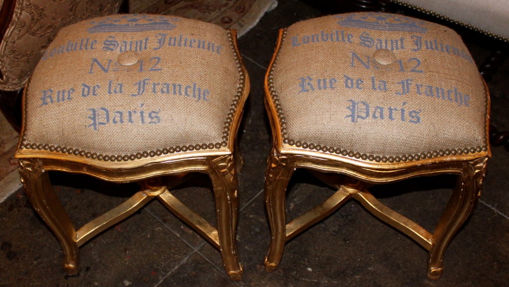Pair of French Gilt Wood Stools C. 1900's