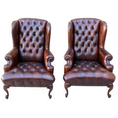 Vintage Pair of French Leather Tufted Wingback Armchairs
