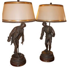 Antique Pair of French Figural Lamps with Custom Shades C. 1900's