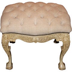 French Carved & Painted Linen Upholstered Bench C. 1920's