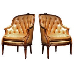 Pair of 19th C. French Leather Tufted Bergeres