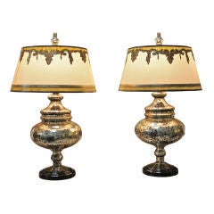 Vintage Pair of Mercury Glass Lamps with Custom Painted Shades