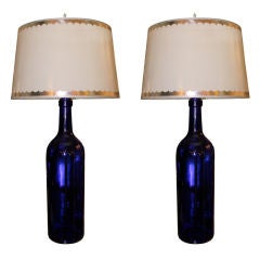 Vintage Pair of Cobalt Blue Glass Lamps with Parchment Shades