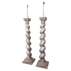 Pair of Monumental Silver Leaf Carved Column Lamps