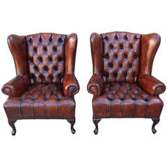 Vintage Pair of Leather Tufted Wingback Armchairs