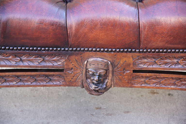 French Walnut Leather Tufted Chaise In Excellent Condition In Los Angeles, CA