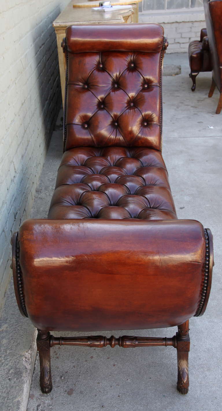 Mid-20th Century French Walnut Leather Tufted Chaise