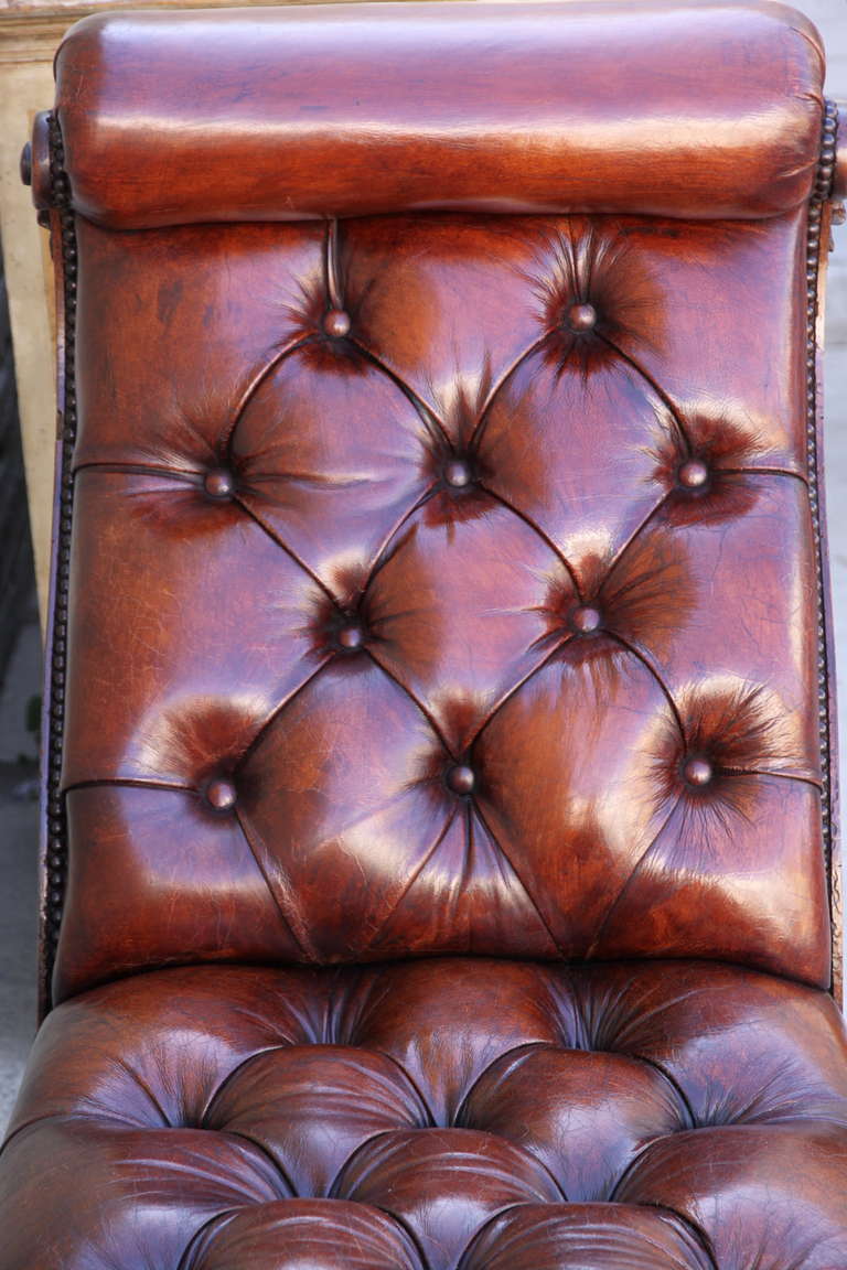 French Walnut Leather Tufted Chaise 1