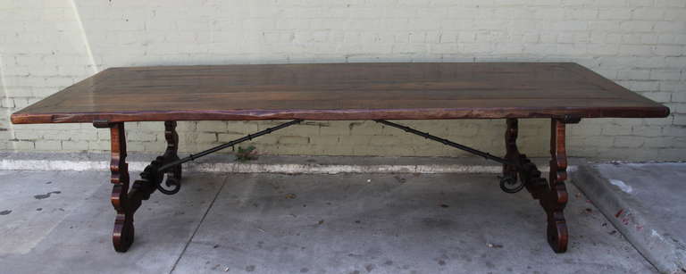 Spanish Baroque Style Walnut Trestle Table In Excellent Condition In Los Angeles, CA