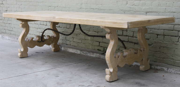 Carved wood & wrought iron Spanish Dining Table w/ Stretcher.