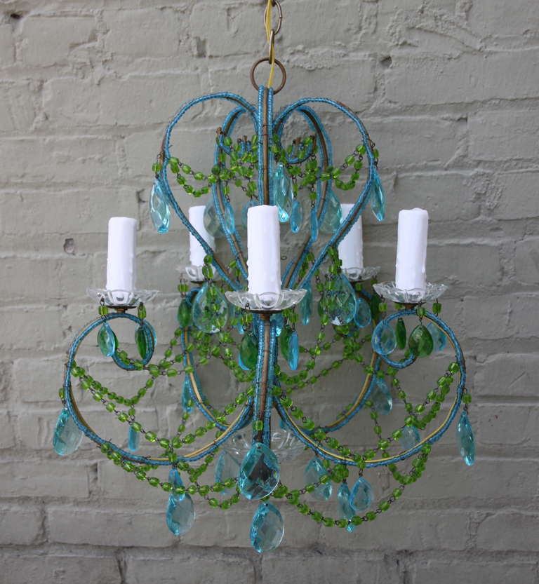 Aqua & Green Italian 5-light macaroni beaded crystal Chandelier. Newly wired with chain and canopy. Ready to install.