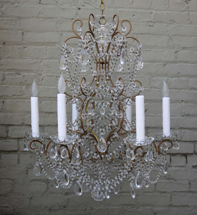 Italian 6-light crystal & macaroni beaded chandelier with wax candle covers. Newly wired with chain and canopy. Ready to install.