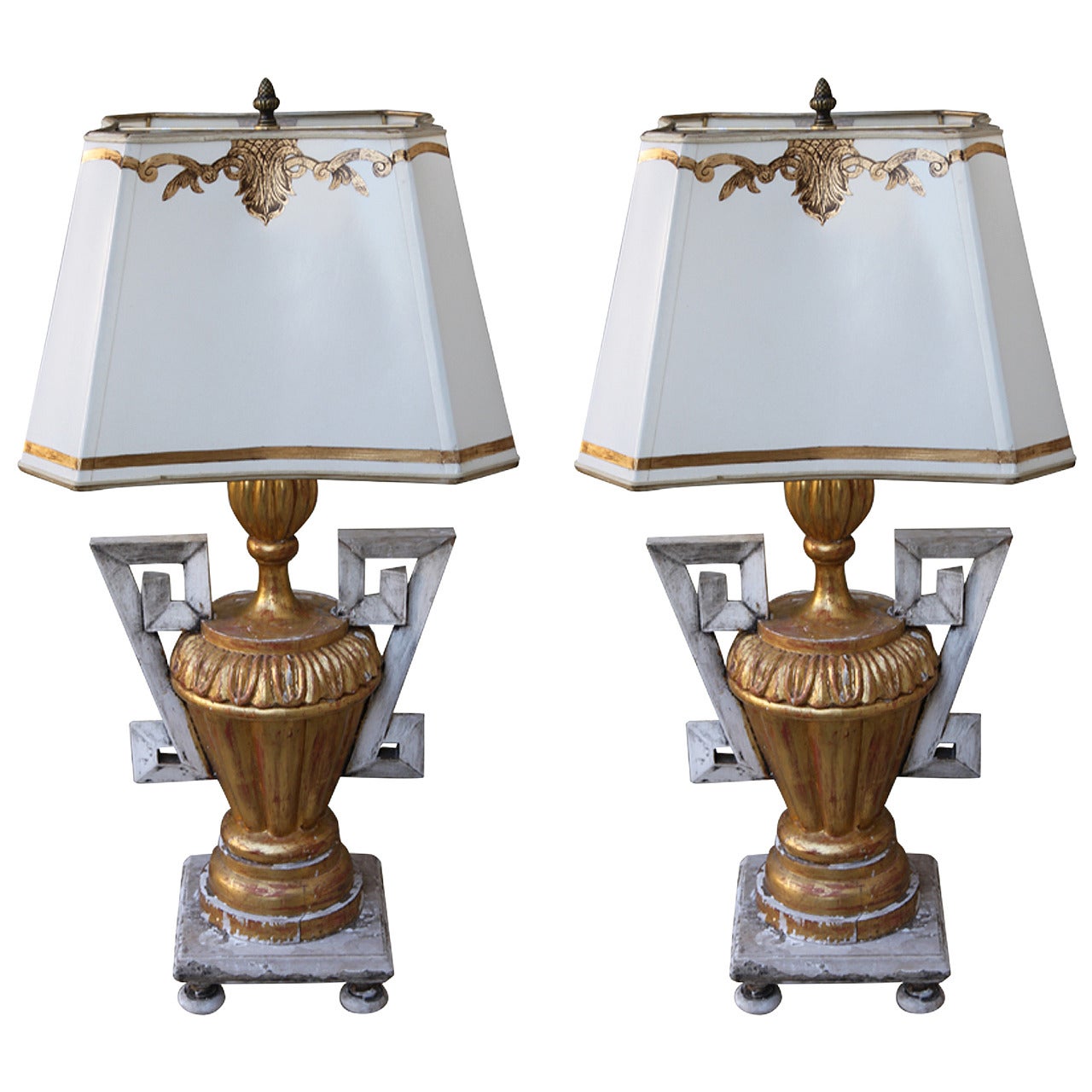 Pair of Giltwood and Painted Urn Lamps with Shades