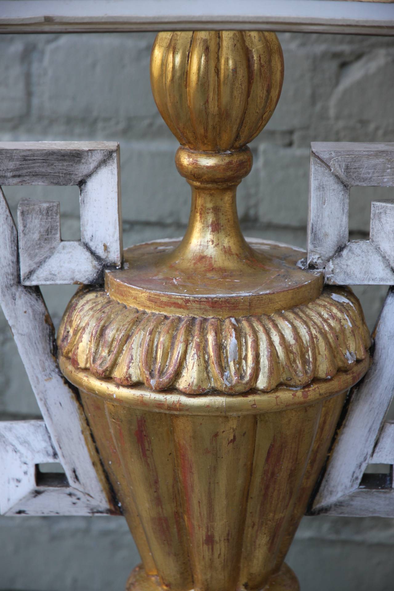 Italian Pair of Giltwood and Painted Urn Lamps with Shades