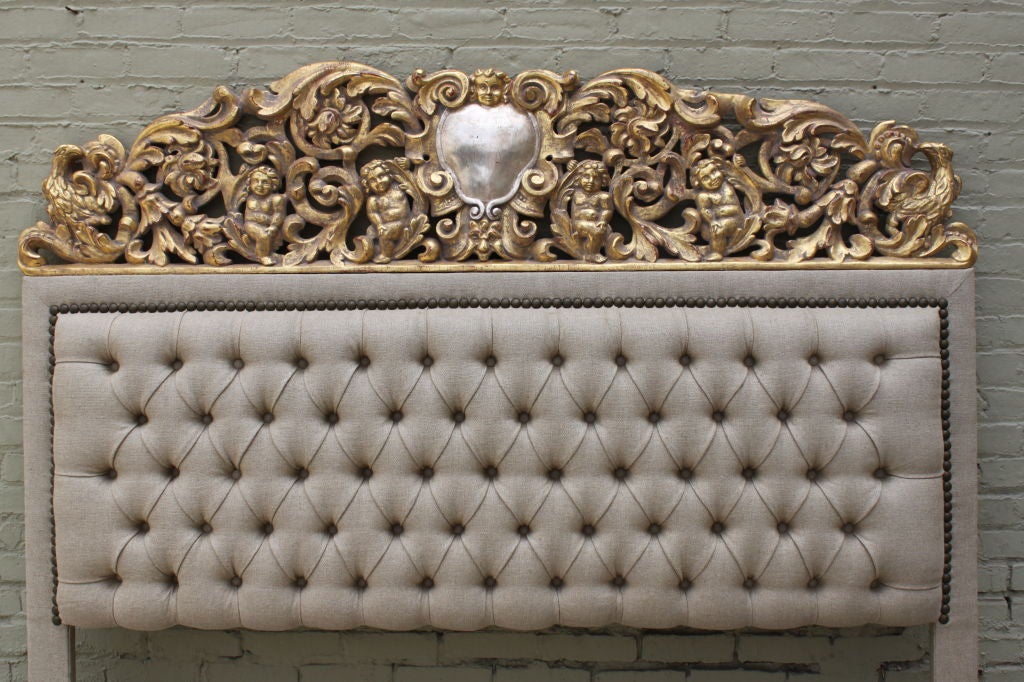 Carved Italian Gilt Wood & Belgium Linen Headboard