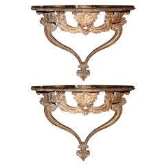Pair of Italian Carved Gilt Consoles with Mirrored Tops
