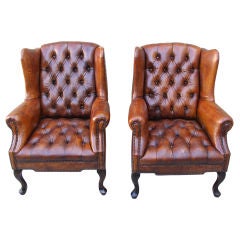 Handsome Pair of Leather Tufted Wingback Armchairs C. 1930's