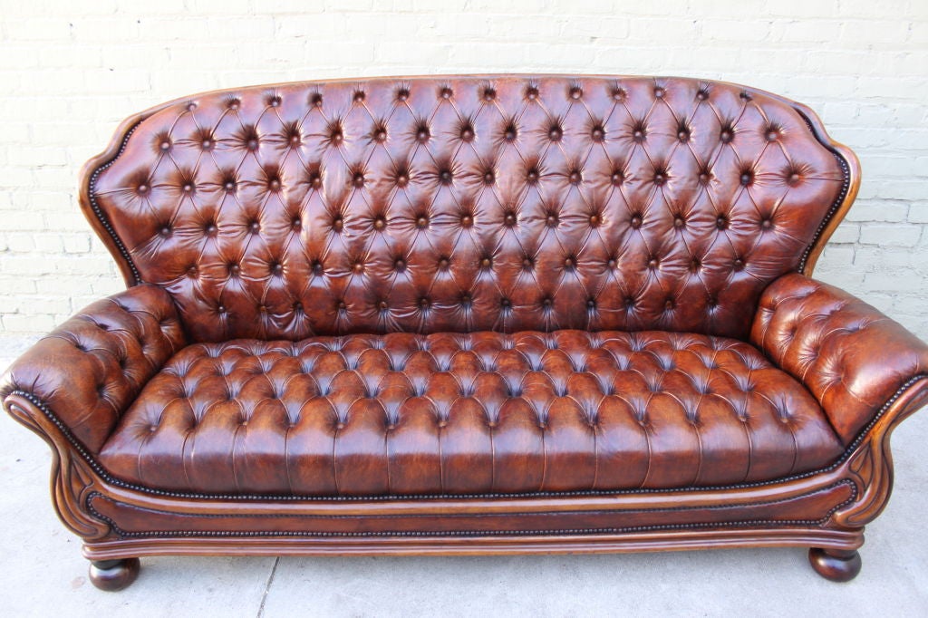 Carved French Leather Tufted Sofa C. 1930's