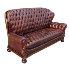 Carved French Leather Tufted Sofa C. 1930's