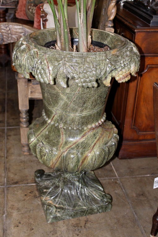 Pair of Green Marble Urns with Carved Fruit at Top C. 1960's