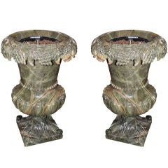 Pair of Green Marble Urns with Carved Fruit at Top C. 1960's