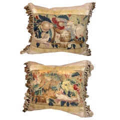 Pair of 18th C. Tapestry Pillows on Linen with Tassel Fringe