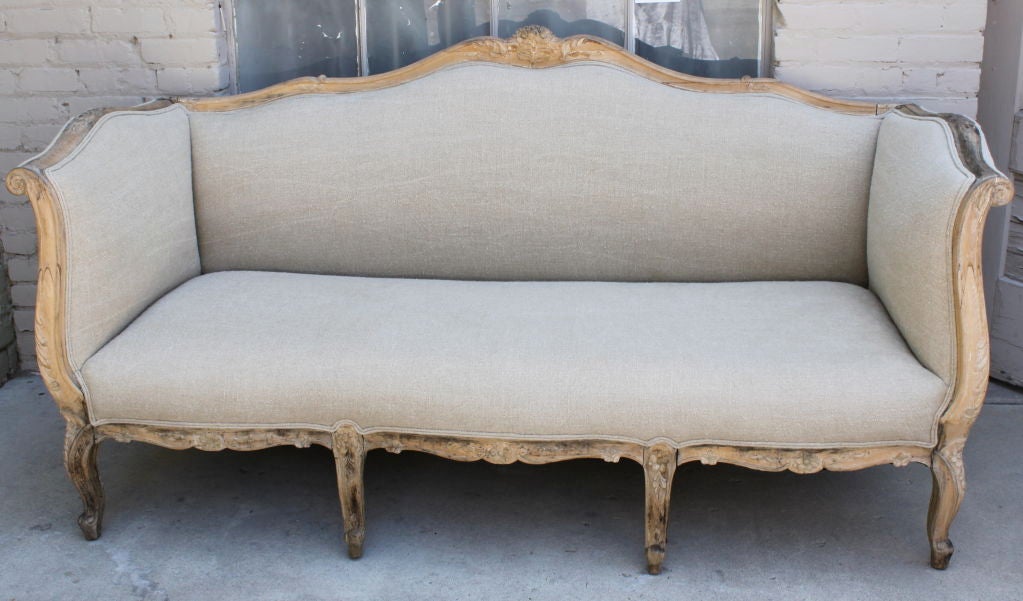 Carved French Belgium Linen Sofa C. 1900's