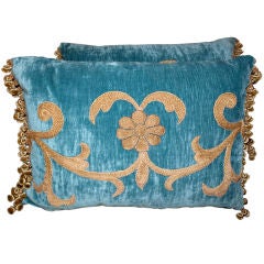 Pair of Italian Gold Embroidered Turquoise Velvet Pillows
