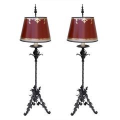 Pair of Wrought Iron Standing Lamps with Red Parchment Shades