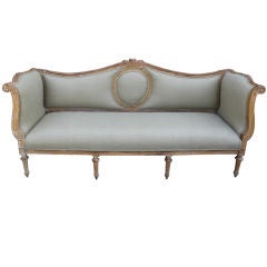 Vintage Upholstered French Sofa with Center Cartouche