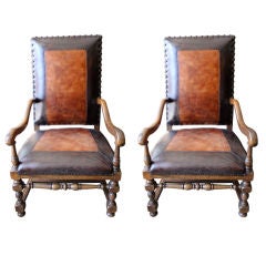 Antique Pair of Monumental Leather Armchairs