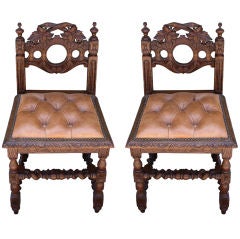 Pair of Carved Barley Twisted Side Chairs C. 1900's