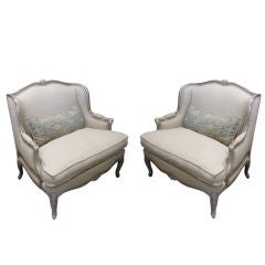 Pair of Grand Scaled  French Painted & Silver Bergeres C. 1930's