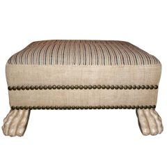 Custom Vintage Linen Striped Ottoman with Hand Carved Paw Feet