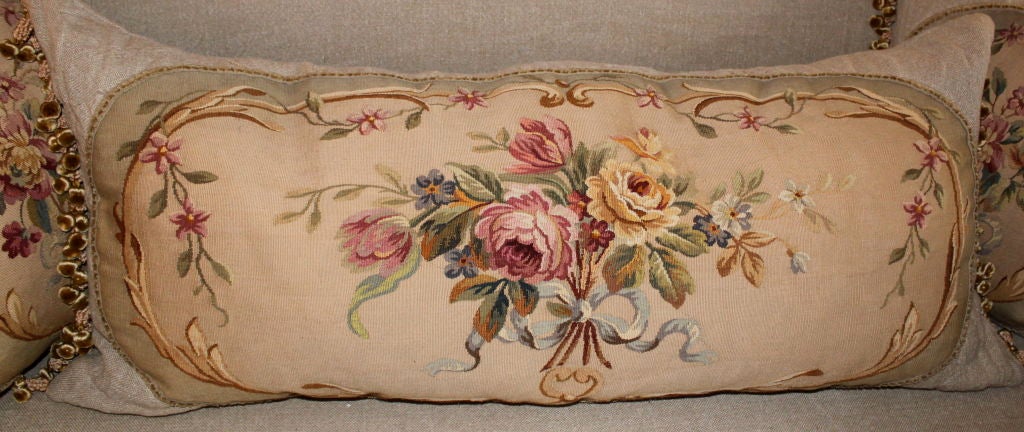 Stunning 19th Century Aubusson Textile Bed Pillow. The tapestry piece lays on top washed Belgium Linen.  The linen is repeated on the back of the pillow as well.  There is a down filled insert inside the pillow.