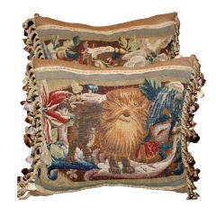 Pair of 18th C. Tapestry Pillows with Lion and Dog