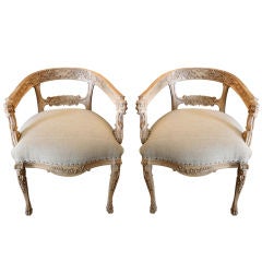 Pair of 19th C. Carved Armchairs Upholstered in Belgium Linen