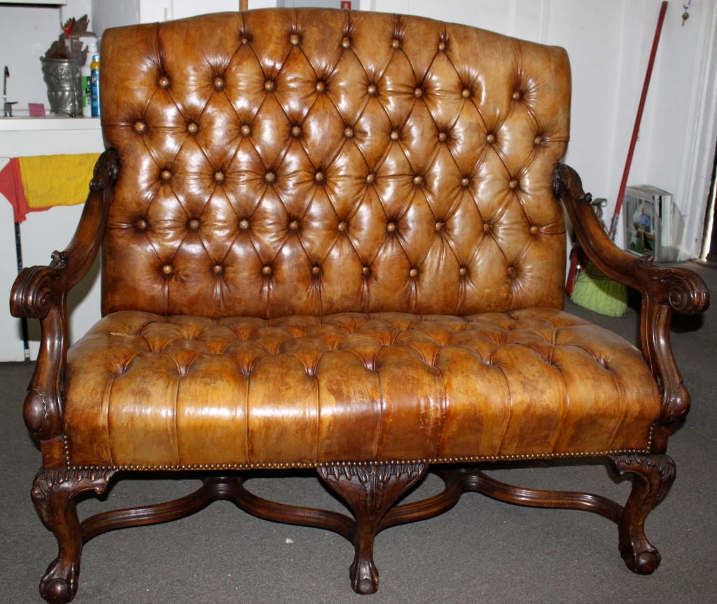 19th Century Carved Walnut Leather Tufted Bench