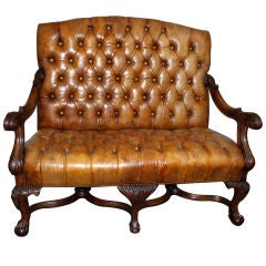 19th Century Carved Walnut Leather Tufted Bench