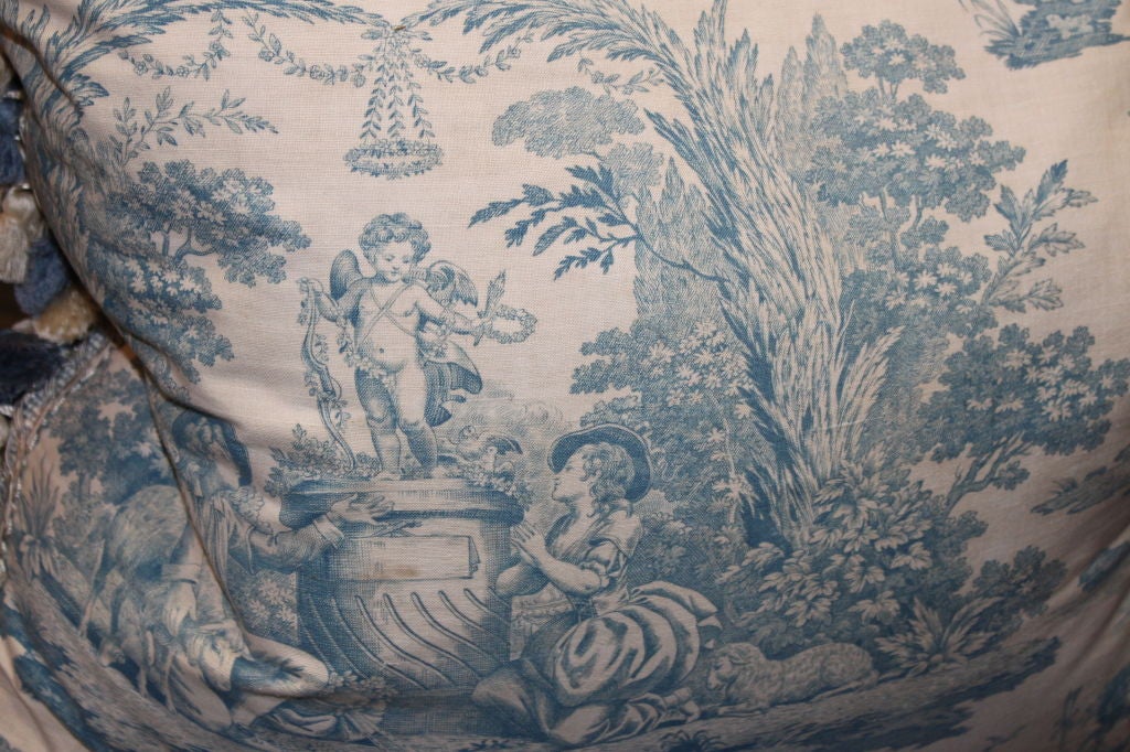 Pair of Vintage Toile Textile Pillows with Tassel Fringe 1