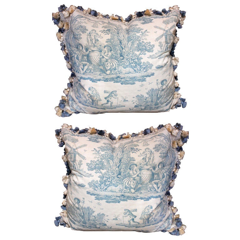 Pair of Vintage Toile Textile Pillows with Tassel Fringe