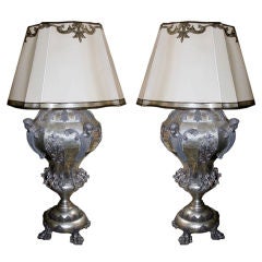 Vintage Pair of Monumental Metal Cherub Lamps with Custom Shades