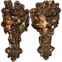 Antique Pair of Italian 19th Century Carved Gilt Wood Wall Brackets
