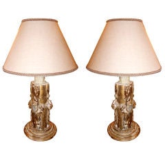 Pair of Italian Carved Gilt Wood Lamps with Linen Shades