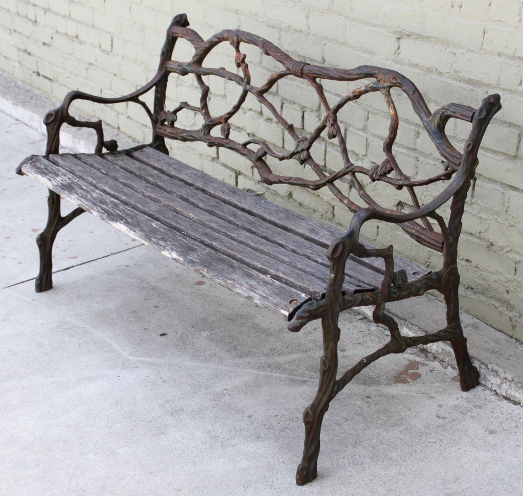 Pair of  French twig motif iron benches & wood benches circa 1920's.